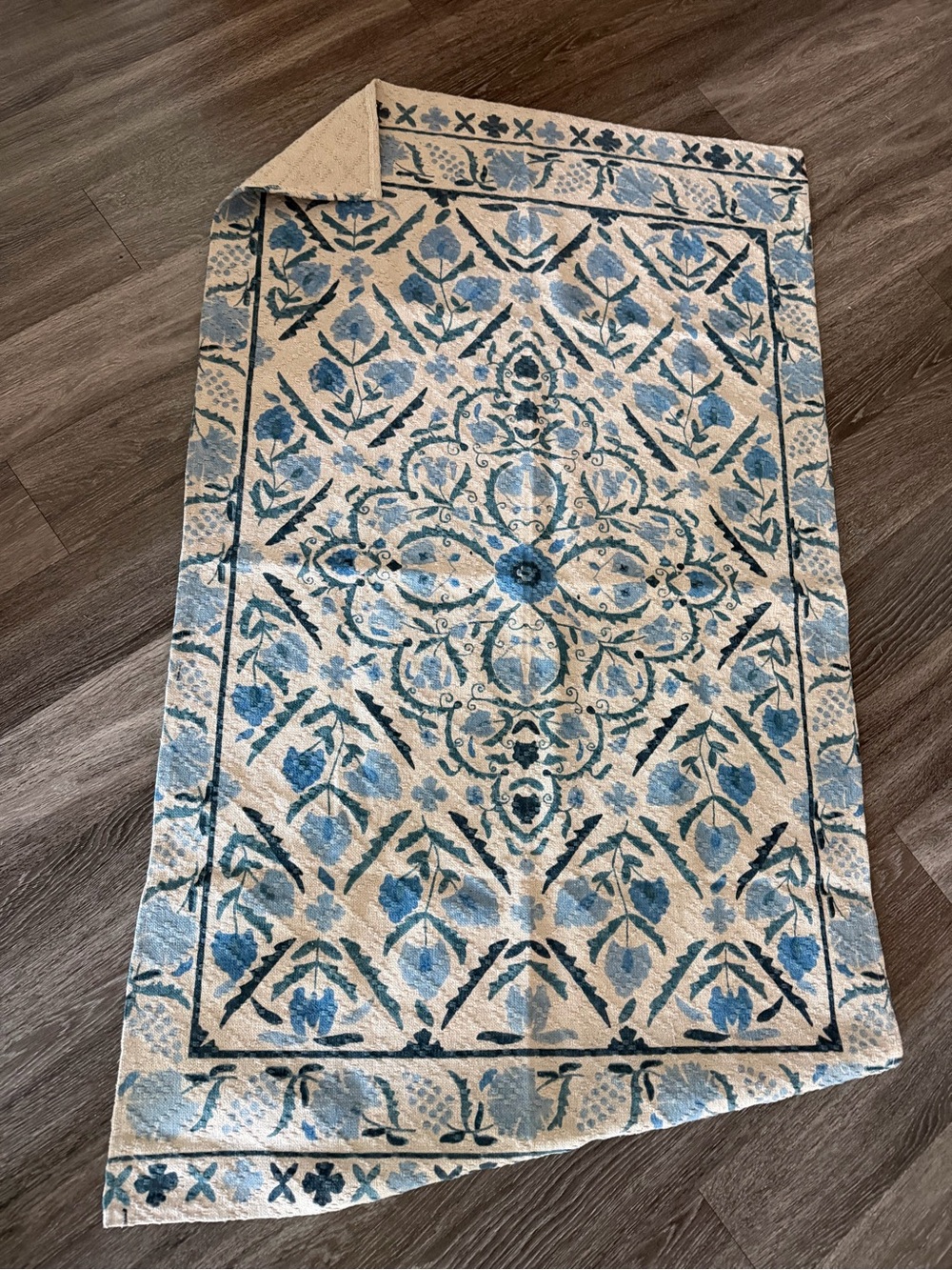 Blue and Cream Ornamental Tapestry Rug